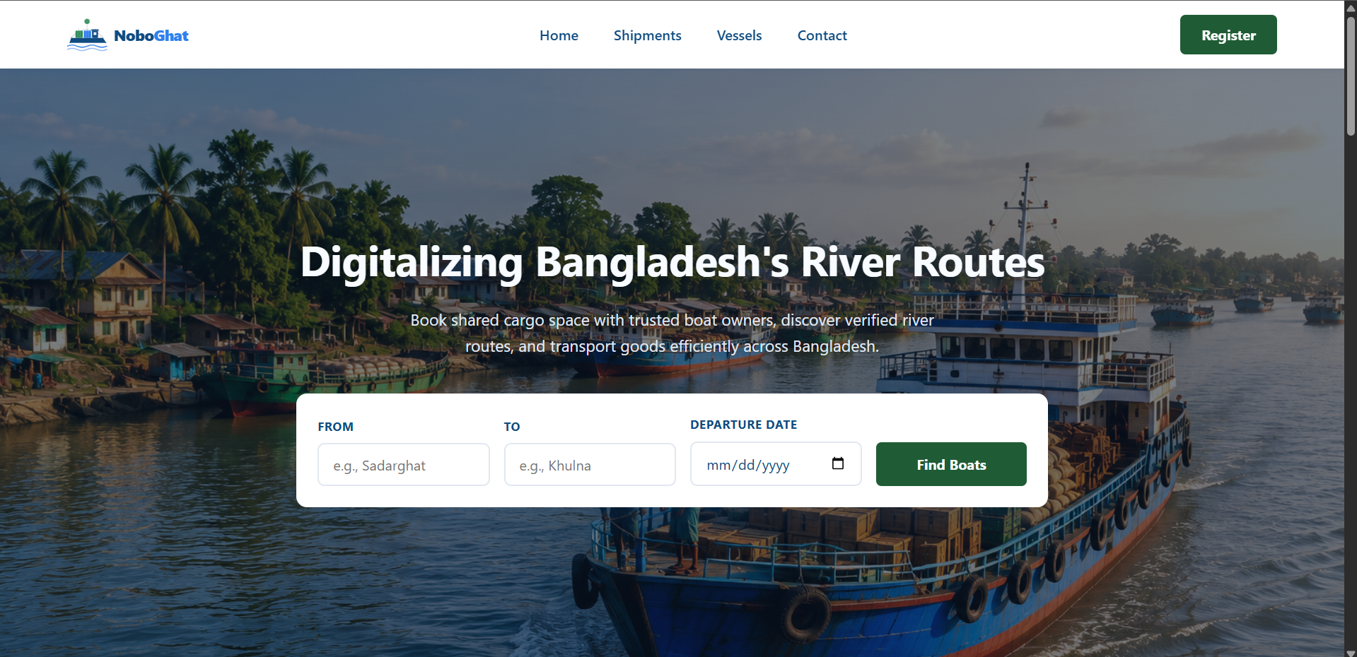 NoboGhat inland waterway logistics platform dashboard
