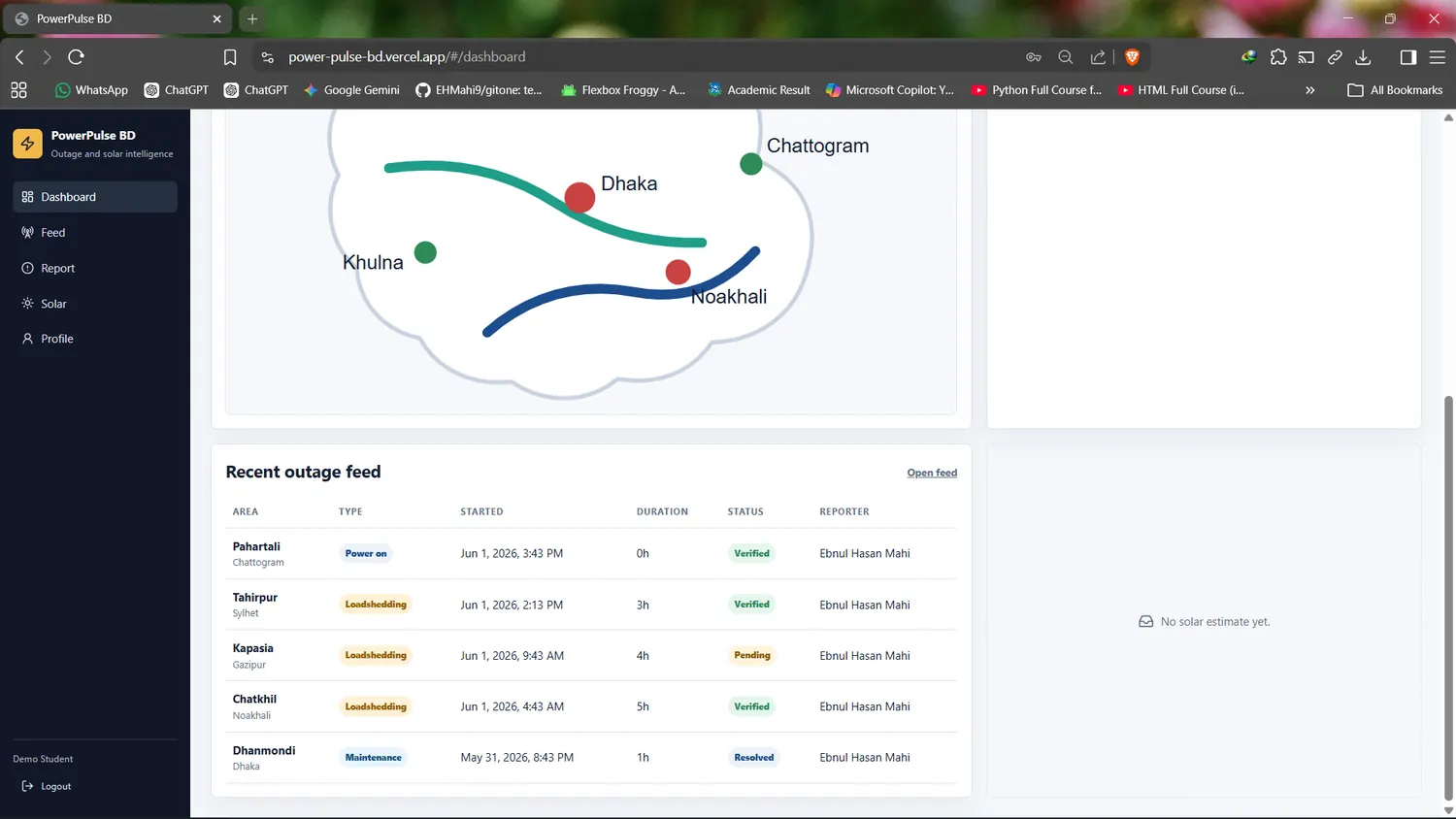 PowerPulse BD energy status dashboard screenshot
